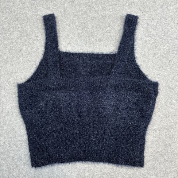 House of Harlow 1960 Fuzzy Knit Cropped Tank Top Womens M Navy Blue Square Neck - Picture 3 of 5
